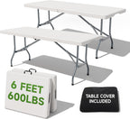 6 Foot Folding Table with Black Table Cloth - Heavy Duty 600LBS Capacity, Foldable Design with Safety Lock - Portable Folding Tables for Camping, Party, Indoor & Outdoor Use, 2 Pack