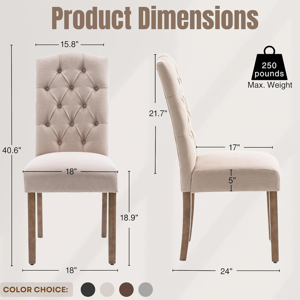 Tufted Upholstered Parsons Dining Chair Set Fabric Diner Accent Stylish Modern Kitchen Living Room with Button Sturdy Solid Wood Legs, 2-Pack