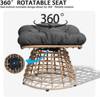2 Pieces Swivel Outdoor Ottomans for Patio Foot Rest, PE Rattan Wicker Ottoman with Cushions, Outdoor Footstool Footrest Seat, for Patio, Garden, Poolside (2 Piece Ottoman Black)