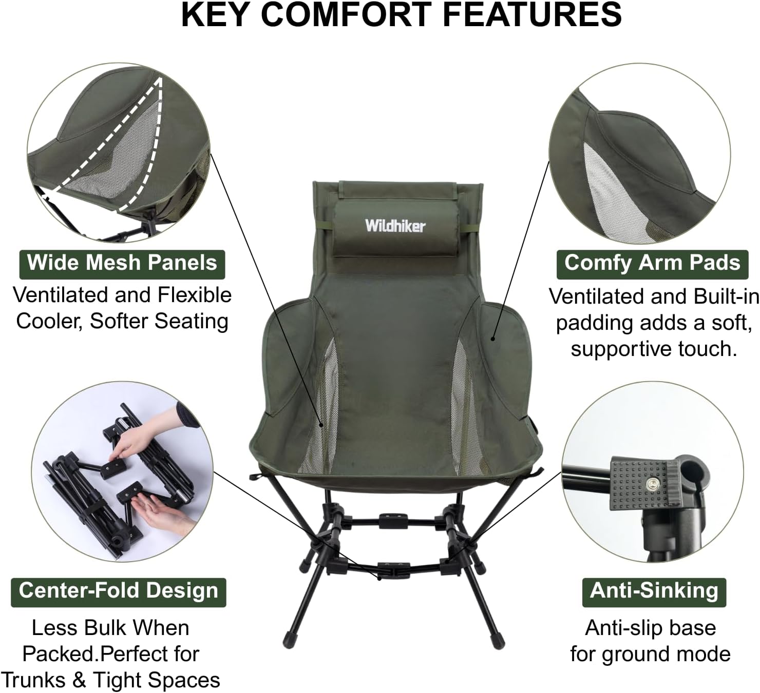 Wildhiker Compact High Back Camping Chair - Foldable with Dual Sitting Modes, Pillow, Arm Pads and Side Pockets - Lightweight Portable Chair for Motorcycle, RV, Festival, Travel - Black