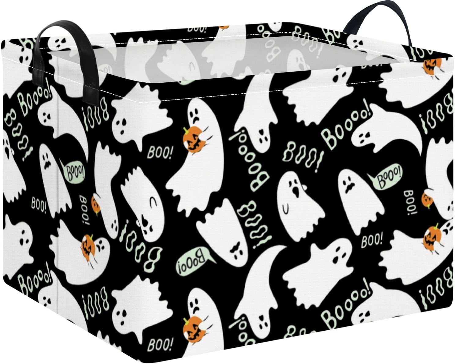 NTAO Gift Storage Basket Empty for Halloween, Storage Bin with Handles, Room Decor, Book Box(Black Ghost Boo)