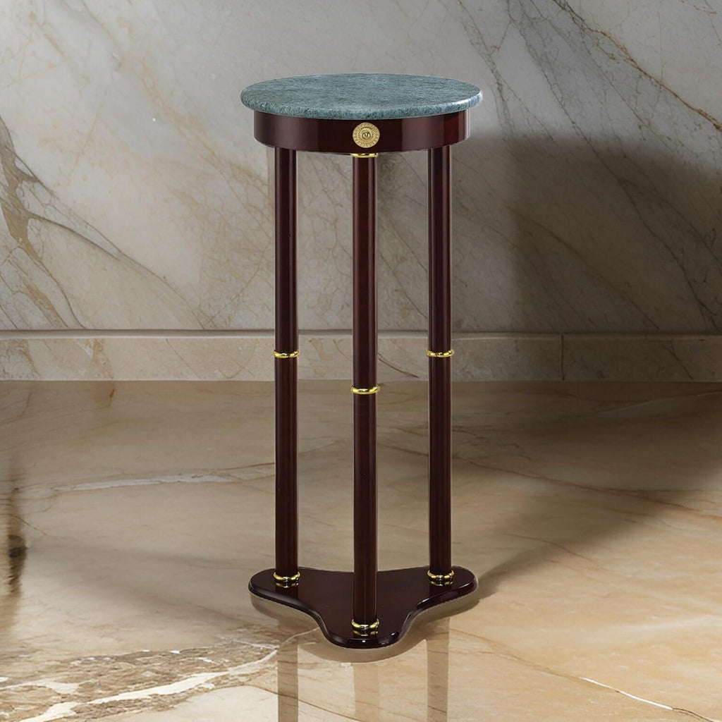 HomeStock Victorian Vintage Recluse Accent Table with Green Marble Top - Tripod Stand Legs, Merlot Brown Finish, 30" H x 12" W x 12" L, Compact and Stylish