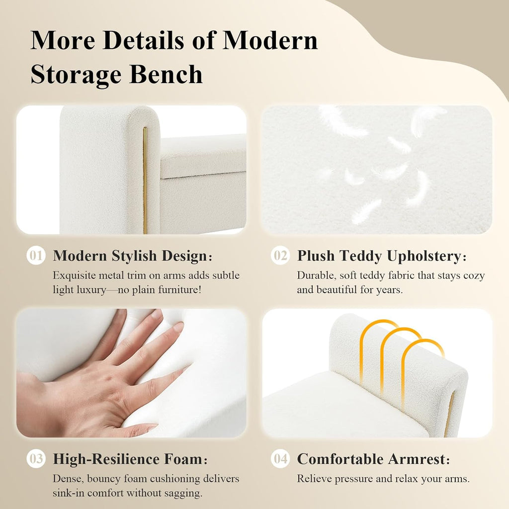 Storage Ottoman Bench, End of Bed Bench with Pull-Ring | 52" Teddy Upholstered, Window Bench with Armrest, Generous Storage, Safety Hinge, Holds 300 LBS, for Bedroom, Cream