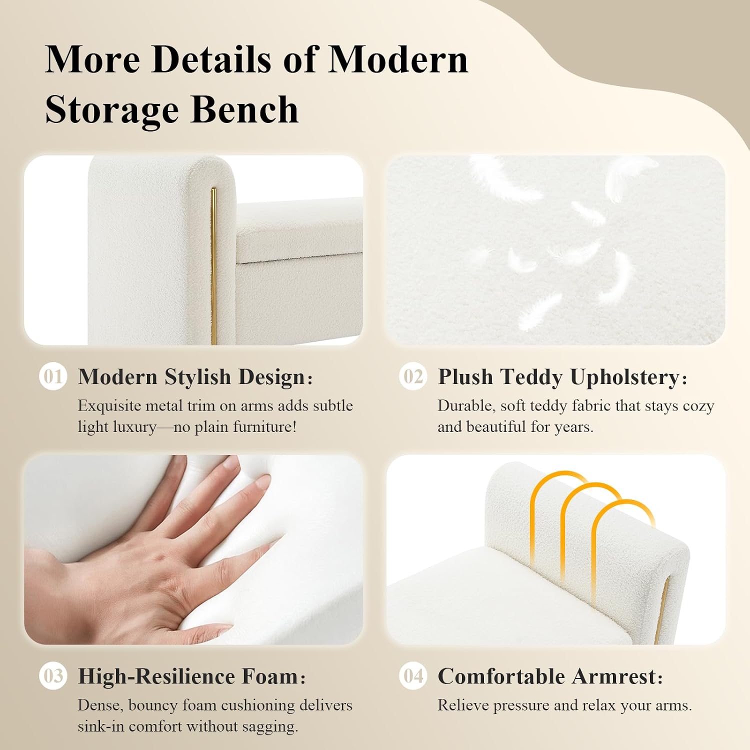 Storage Ottoman Bench, End of Bed Bench with Pull-Ring | 52" Teddy Upholstered, Window Bench with Armrest, Generous Storage, Safety Hinge, Holds 300 LBS, for Bedroom, Cream