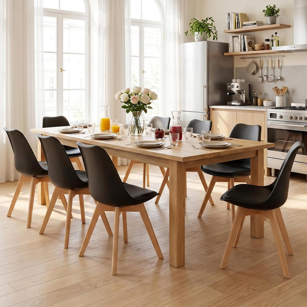 Dining Chairs Set of 8, PU Leather Padded Seat for Living Room | Modern, Upholstered Kitchen Chairs, Thick Cushions, Curved Back, Solid Wood Legs, Apartment, Restaurant, Black