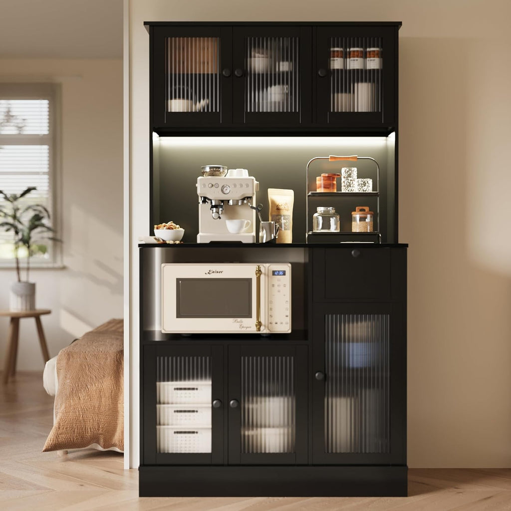 71" Kitchen Hutch Cabinet with Storage for Living & Dining Room, Kitchen Pantry Cabinet with LED Light & Outlet, All Black