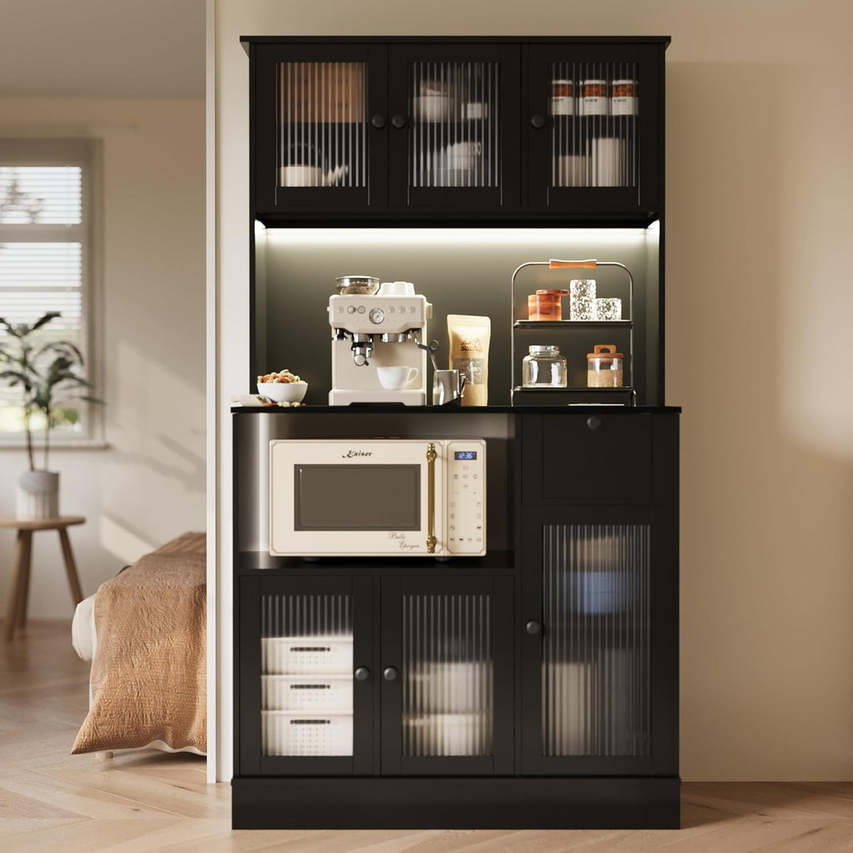 71" Kitchen Hutch Cabinet with Storage for Living & Dining Room, Kitchen Pantry Cabinet with LED Light & Outlet, All Black