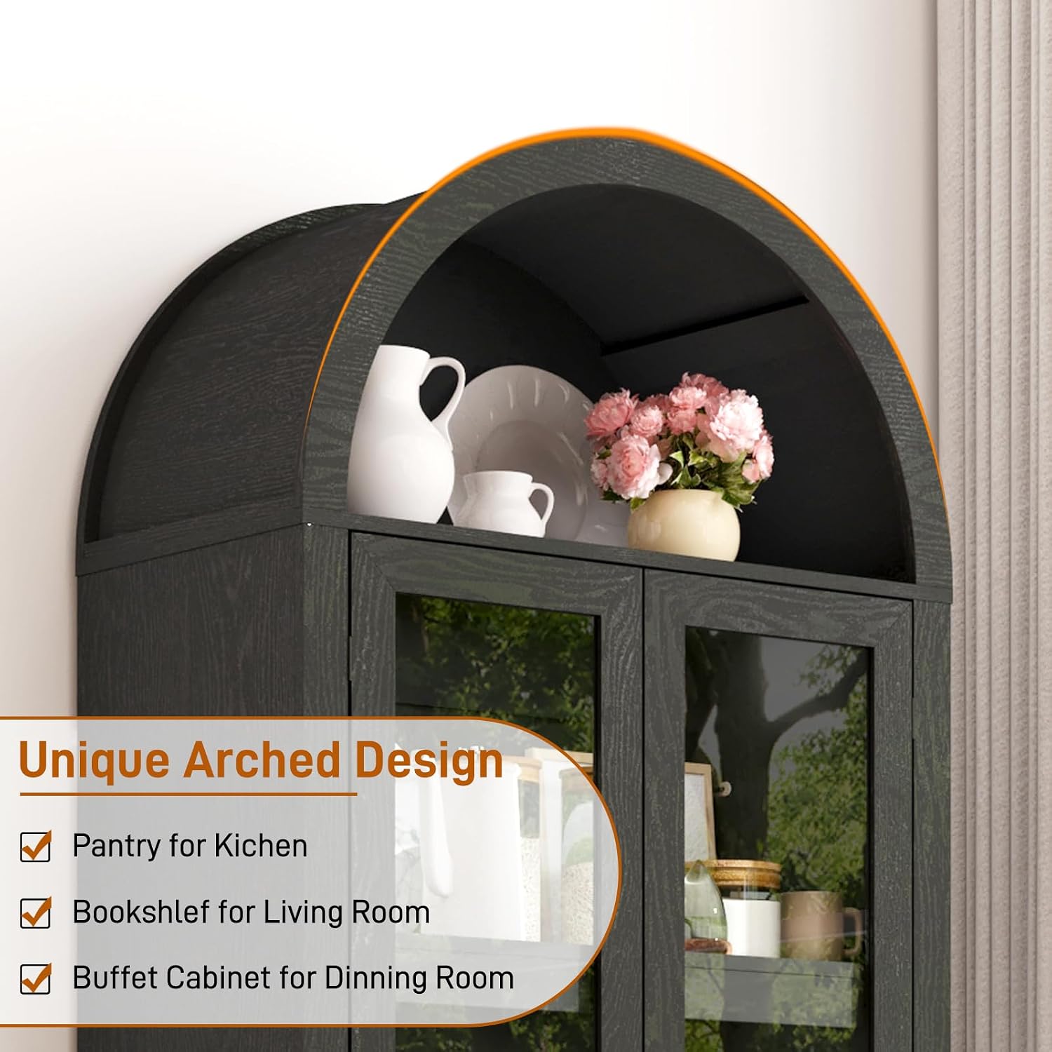75" Tall Arched Kitchen Pantry Cabinet w Load-Bearing Steel Pipe,Modern Farmhouse Kitchens Storage Cabinet with Drawer and Glass Doors,Tall Arched Bookcase,Pantry Organizer(Woodgrain Black)
