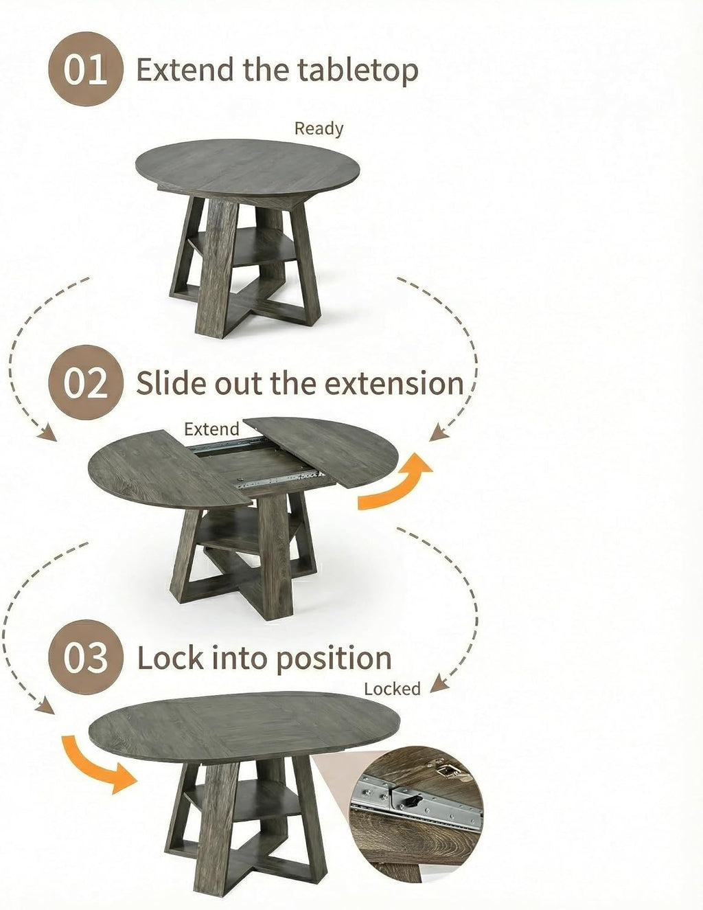 Round Extendable Dining Table Set for 6, 43"-59" Rustic Grey Expandable Kitchen Table with 6 Blue Velvet Tufted Chairs, Farmhouse Wooden Extendable Dining Room Table Set for Small Space Apartment