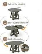 Round Extendable Dining Table Set for 6, 43"-59" Rustic Grey Expandable Kitchen Table with 6 Blue Velvet Tufted Chairs, Farmhouse Wooden Extendable Dining Room Table Set for Small Space Apartment