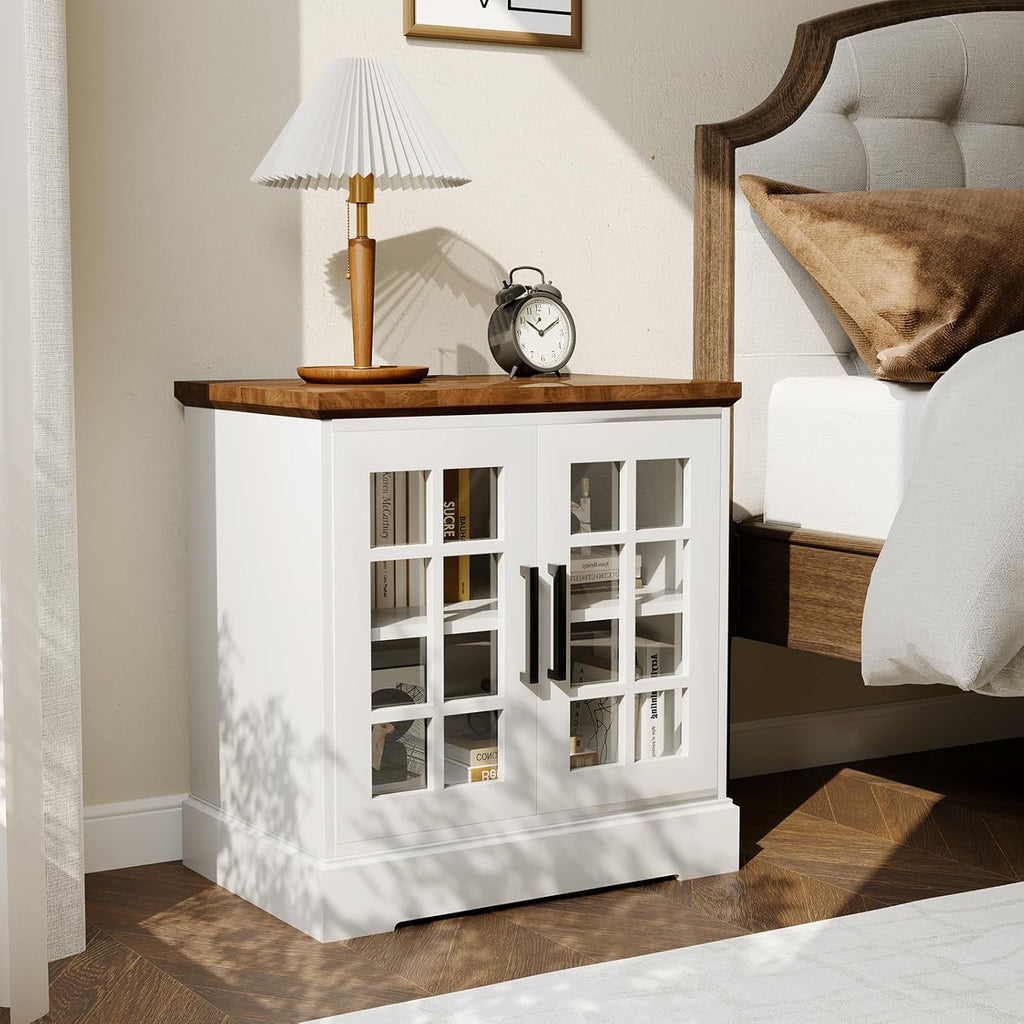 24" Farmhouse Nightstand with Charging Station, End Table with Tempered Glass Doors and Adjustable Shelf, Wood Square Side Table, Bedside Cabinet for Bedroom,Living Room- White