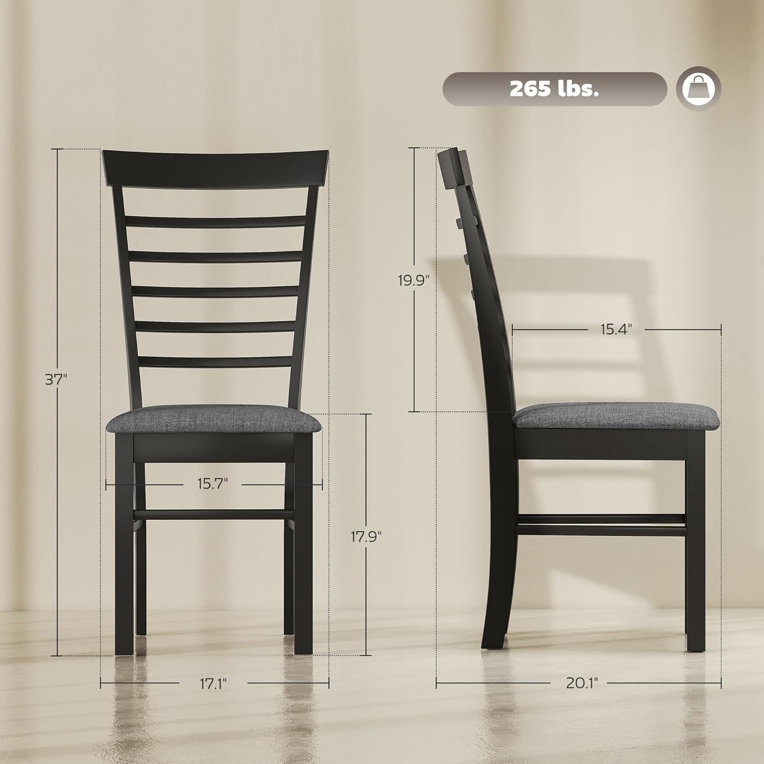 HOMCOM Wooden Dining Chairs Set of 2, Farmhouse Upholstered Kitchen Chairs with Rubber Wood Frame for Living Room, Dining Room, Black and Gray