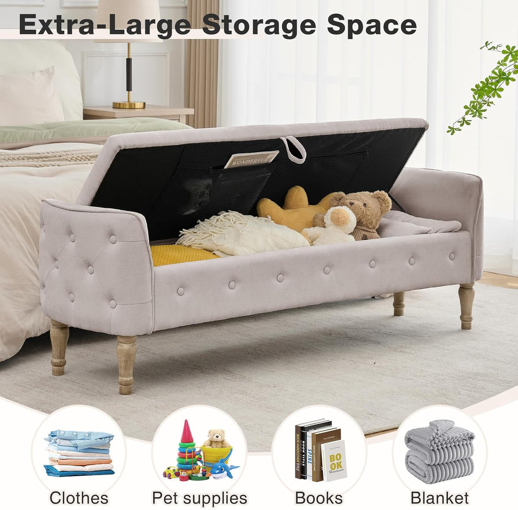 67'' King Size Storage Bench for Bedroom End of Bed,Linen Bedroom Bench for Foot of Bed King,Storage Bench with Arched Arms and 2 Cushion for Living Room Entryway Window,Khaki