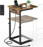 Vagusicc C Shaped End Table with Charging Station, 33"Tall Side Table for Couch, C-Table End Table Adjustable Height Side Table,Slide Under Couch Table TV Tray Table for Sofa,Living Room,Bedroom,Brown