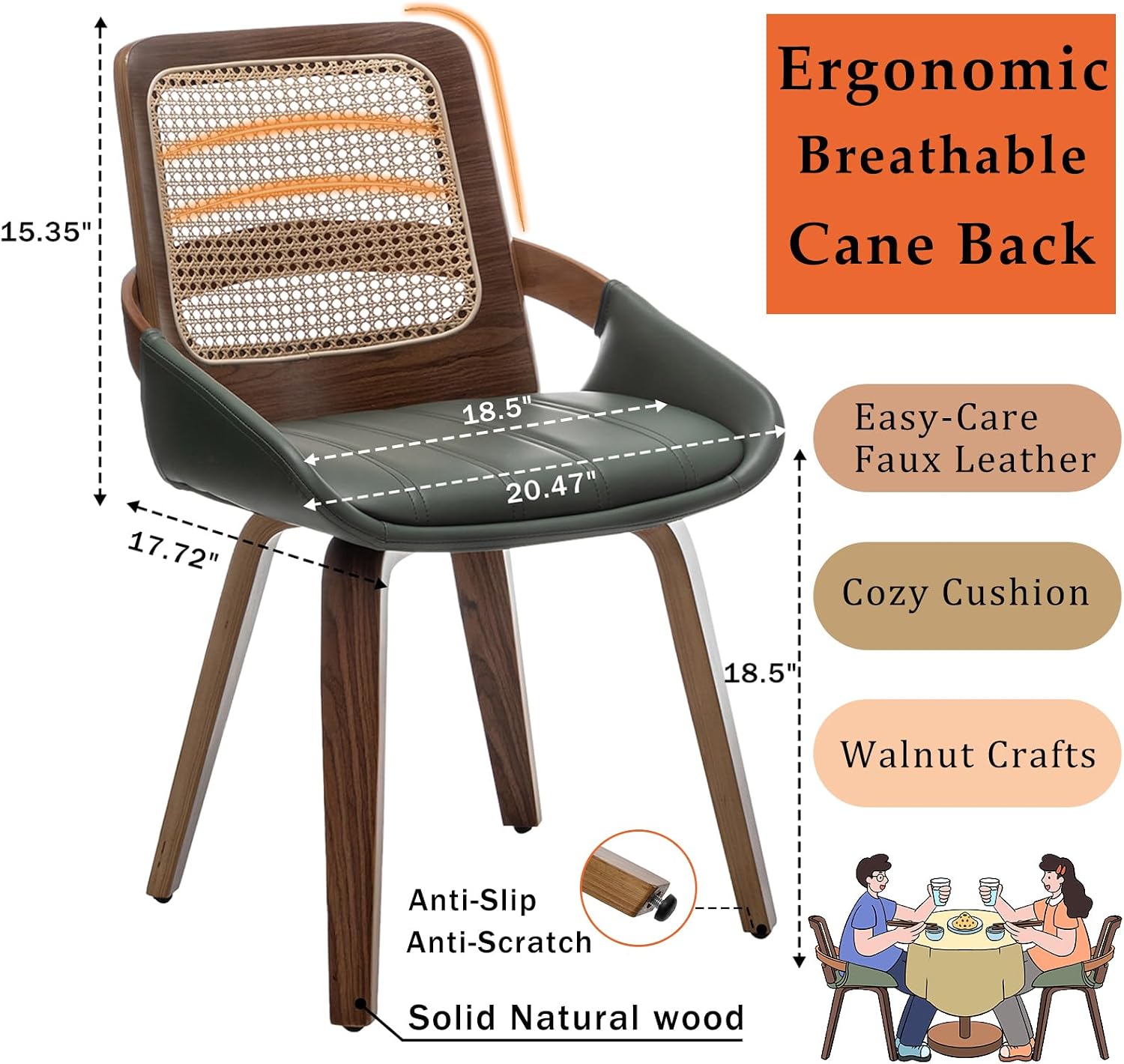 Set of 2 Kitchen & Dining Room Chairs - Green Dining Chairs with Walnut Bentwood Frame, Ergonomic Rattan Back, Curved Arms, Rattan Dining Chairs for Living Room/Reception/Kitchen/Desk (Walnut Green)