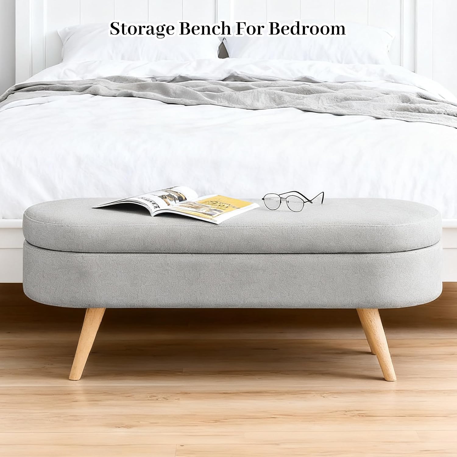 Storage Bench, 43" Storage Ottoman Bench for Bedroom, Upholstered Entryway Benches with Seating, Rubber Wood Legs, Shoe Storages Benches for Bedroom, Living Room, Entryway, Bed Side, Grey