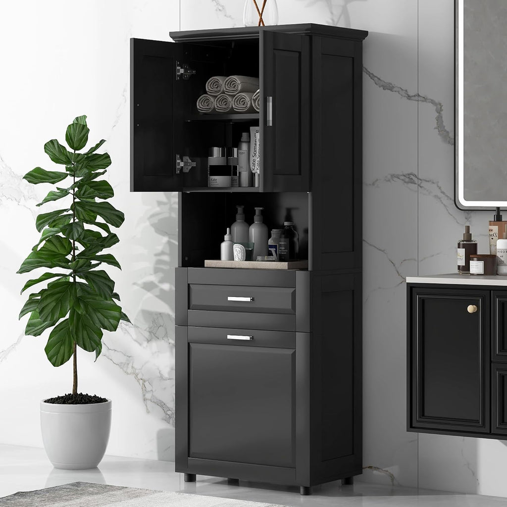 Merax 70" Tall Kitchen Pantry,Farmhouse Storage Cabinet with Adjustable Shelves,Farmhouse Pantry Cabinet with Tilt-Out Basket, for Kitchen,Dining Room,Living Room(Black)