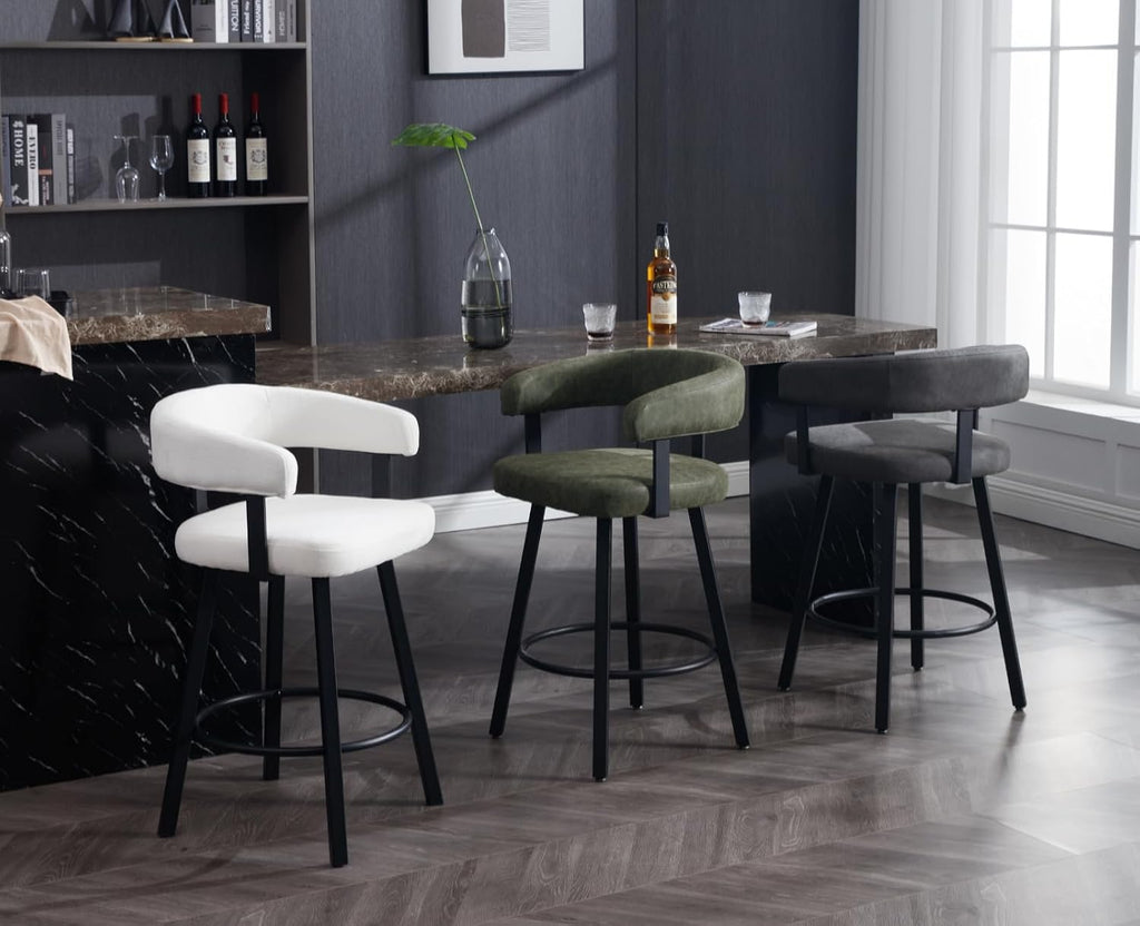 Shunzhi Modern Green Counter Height Bar Stools Set of 2 Leather Barstools with Backs/Metal Legs/Footrest Upholstered Counter Stools Comfy Bar Chairs for Dining Room/Home Bar/Kitchen Island/Pub,25 Inch