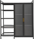 Kitchen Pantry Cabinet with Clear Doors, Metal Sideboard with Open Storage Shelf and Baskets Floor-Standing Organizer for Dining Room Living Room Bar