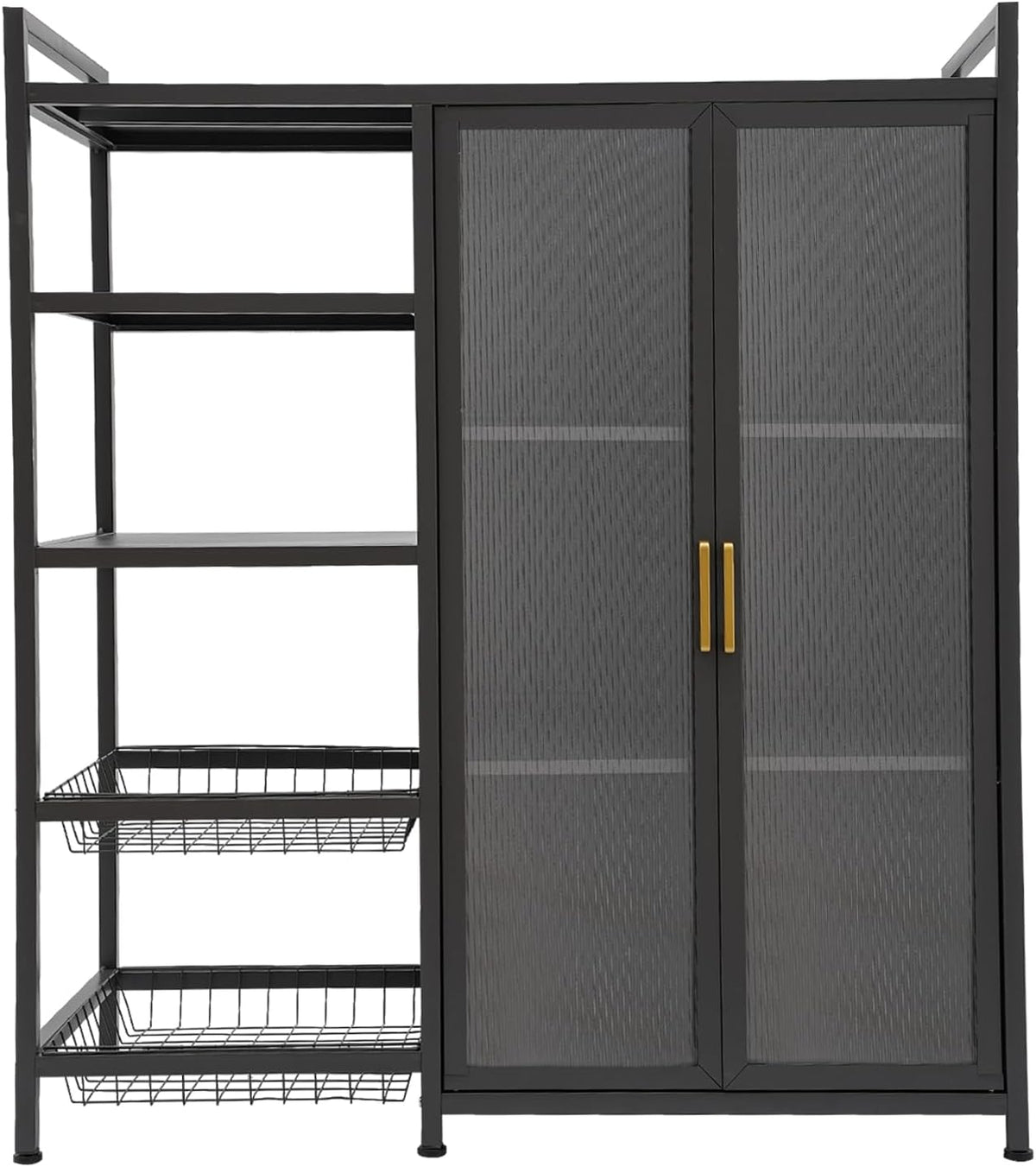 Kitchen Pantry Cabinet with Clear Doors, Metal Sideboard with Open Storage Shelf and Baskets Floor-Standing Organizer for Dining Room Living Room Bar