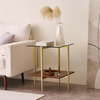 LumFurn Glass End Table, Mid-Century Modern Design Sofa Table, for Living Room, 2-Tier Structure, Clear Glass Top and Walnut MDF Shelf, Sleek Conical Metal Legs with Gold Finish Frame