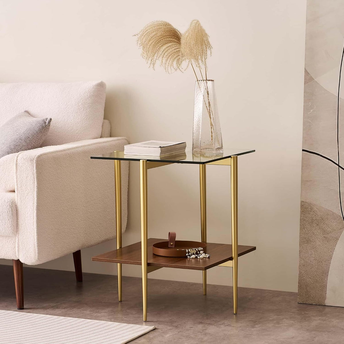 LumFurn Glass End Table, Mid-Century Modern Design Sofa Table, for Living Room, 2-Tier Structure, Clear Glass Top and Walnut MDF Shelf, Sleek Conical Metal Legs with Gold Finish Frame