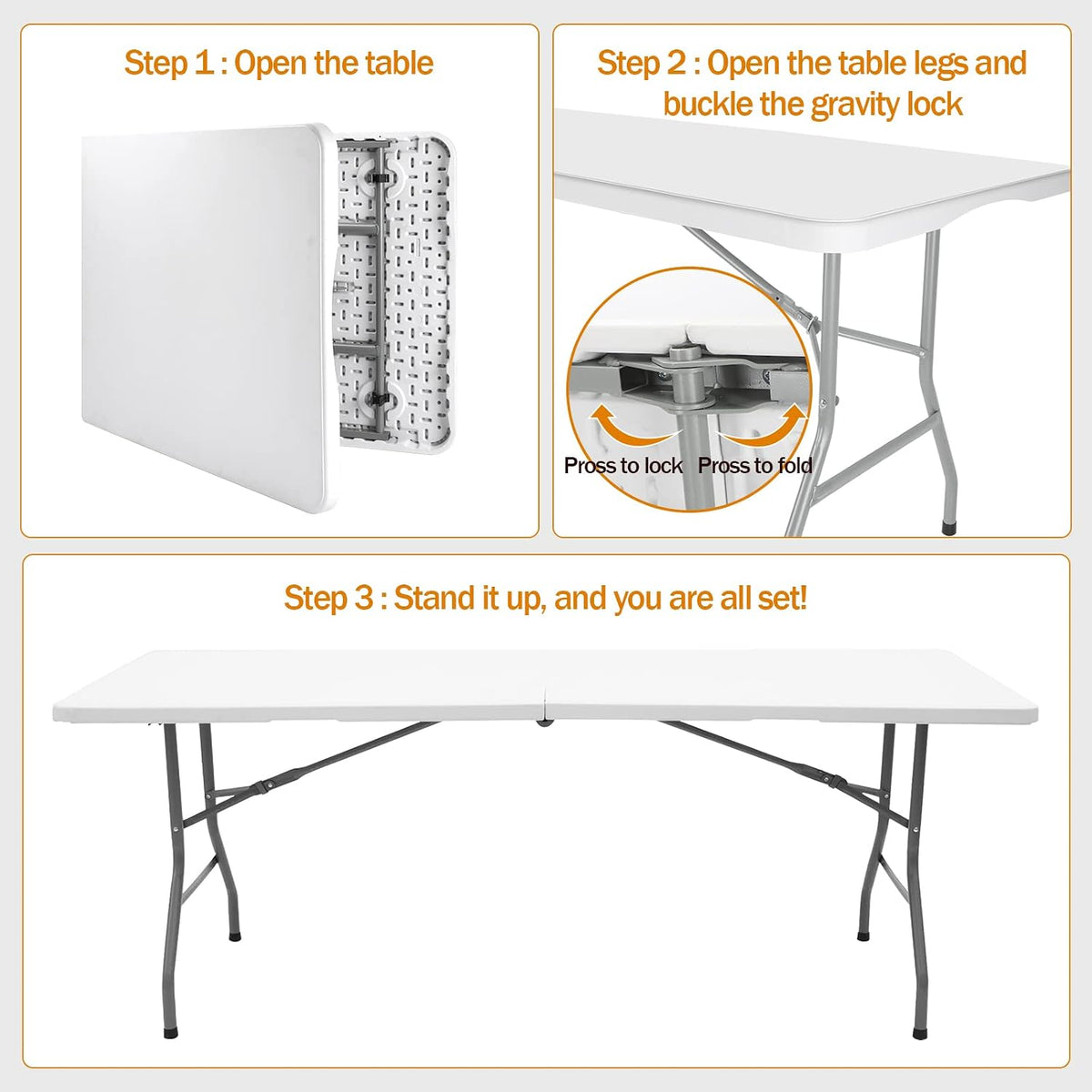 Lakhow 6 FT Folding Table,Outdoor Indoor Plastic Table Portable Square Height Dining Table Perfect for Picnics, Parties, Party and Camping, Clear White
