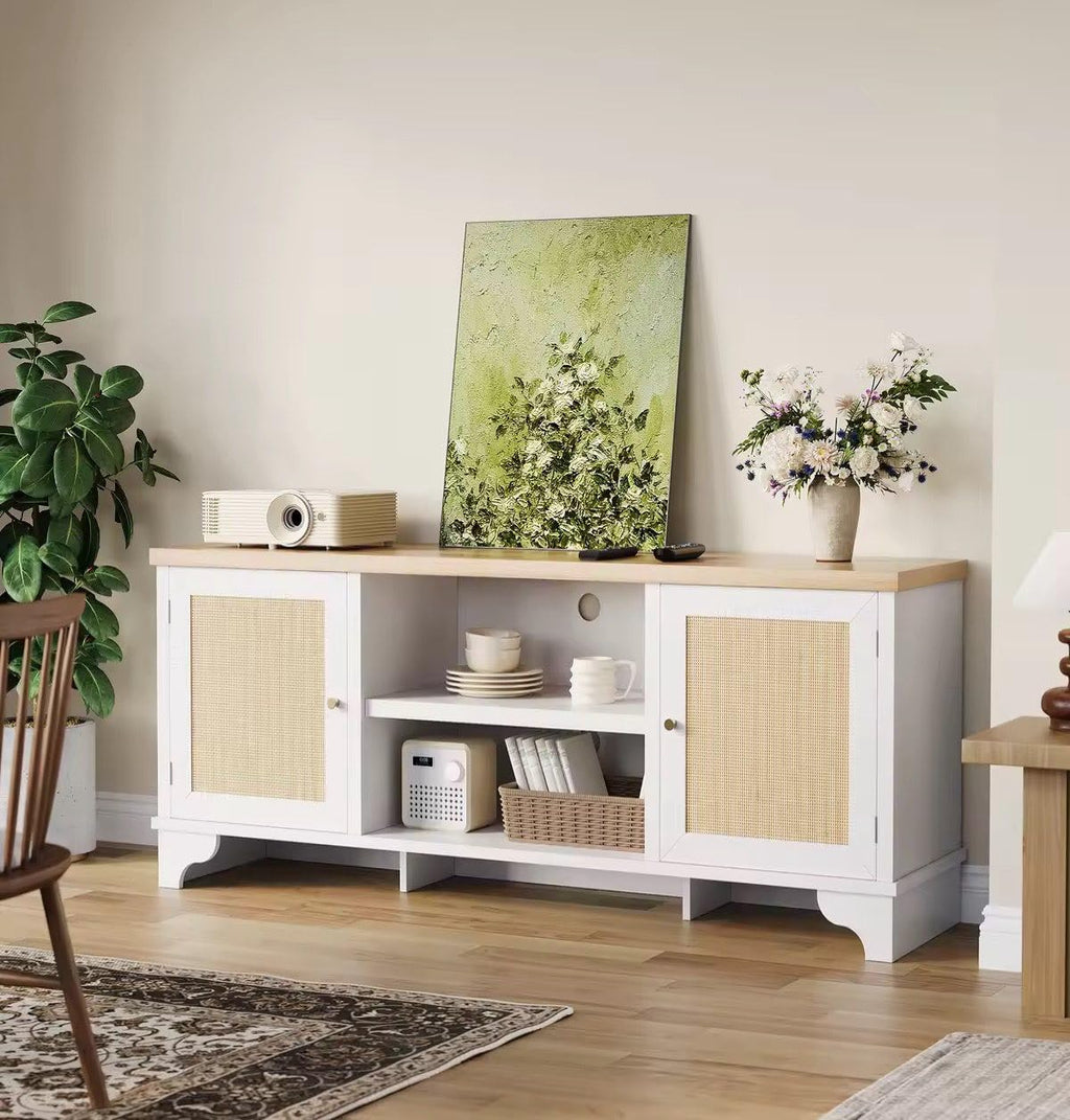 IDEALHOUSE Living Room Table Sets of 2, Includes 62" Rattan TV Stand Storage Cabinet for 65" TV, Farmhouse Coffee Table with Storage Shelf for Bedroom