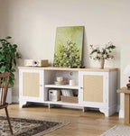 IDEALHOUSE Living Room Table Sets of 2, Includes 62" Rattan TV Stand Storage Cabinet for 65" TV, Farmhouse Coffee Table with Storage Shelf for Bedroom