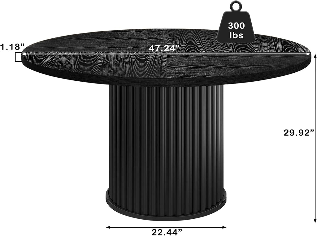 Oigavfd Black Round Dining Table for 4, 47" Circle Dining Table,with MDF Top and Fluted Base,Round Kitchen Tables,Sturdy 300 Lbs for Family Gatherings