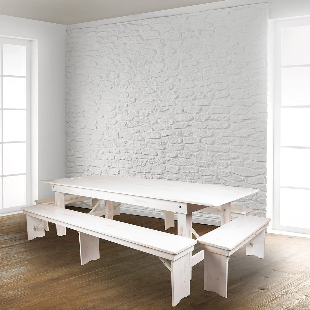 Flash Furniture Hercules Commercial Grade Farmhouse 3 Leg Bench - Solid Pine Foldable Bench with Seating for 4 - 8'x12" - Antique Rustic White