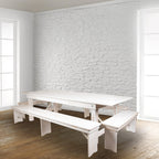 Flash Furniture Hercules Commercial Grade Farmhouse 3 Leg Bench - Solid Pine Foldable Bench with Seating for 4 - 8'x12" - Antique Rustic White