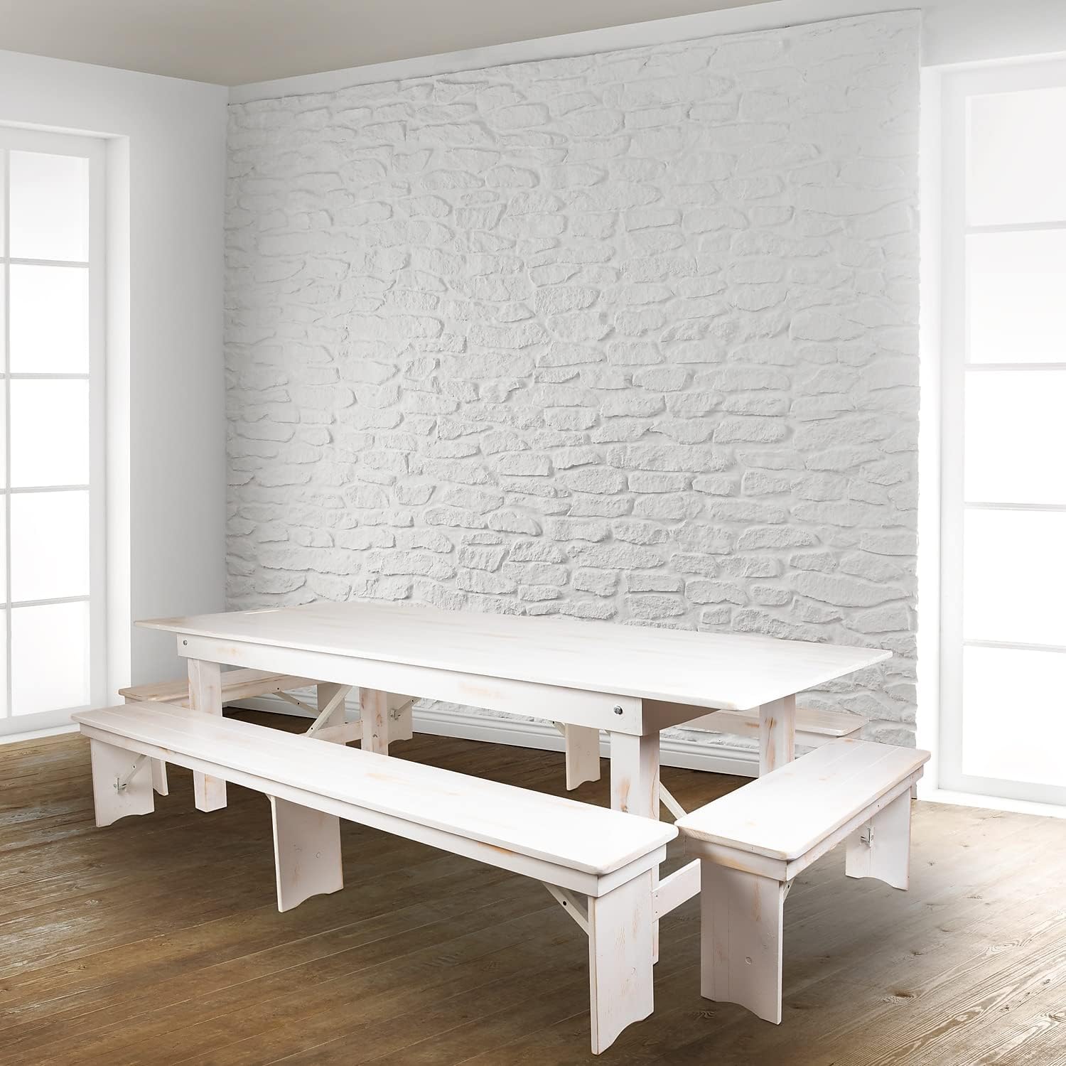 Flash Furniture Hercules Commercial Grade Farmhouse 3 Leg Bench - Solid Pine Foldable Bench with Seating for 4 - 8'x12" - Antique Rustic White