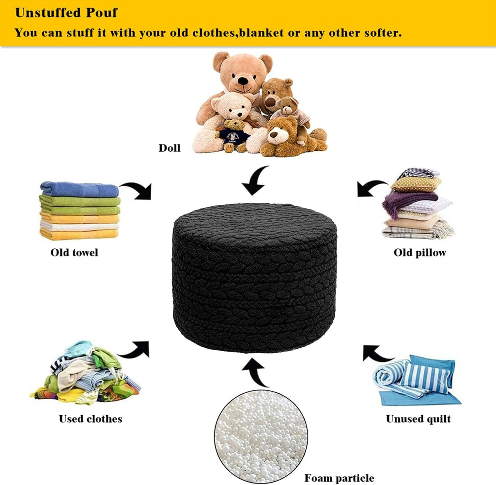 Asuprui 20x14 Inch Unstuffed Ottoman Pouf Cover – Lightweight Foot Rest, Floor Bean Bag Chair, Storage Pouf for Living Room, Bedroom & Balcony (Filler Not Included) (Black)