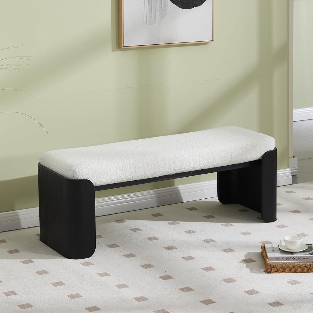 DUOMAY Modern White Sherpa Bedroom Bench, 49" Wide Long Entryway Bench with Solid Wood Legs Upholstered Dining Bench Ottoman for Living Room Indoor