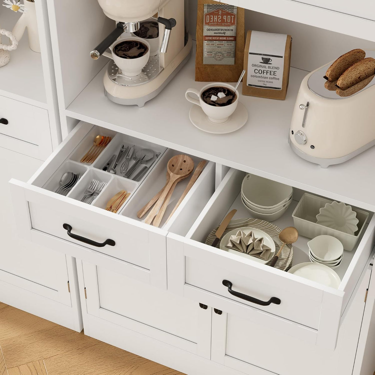 HOSTACK 71" Tall Kitchen Pantry Storage Cabinet, Wood Kitchen Hutch, White | Modern Pantry Cabinet with Microwave Stand, Hutch Cabinet with Countertop & Drawers, Storage Cabinet for Living Room