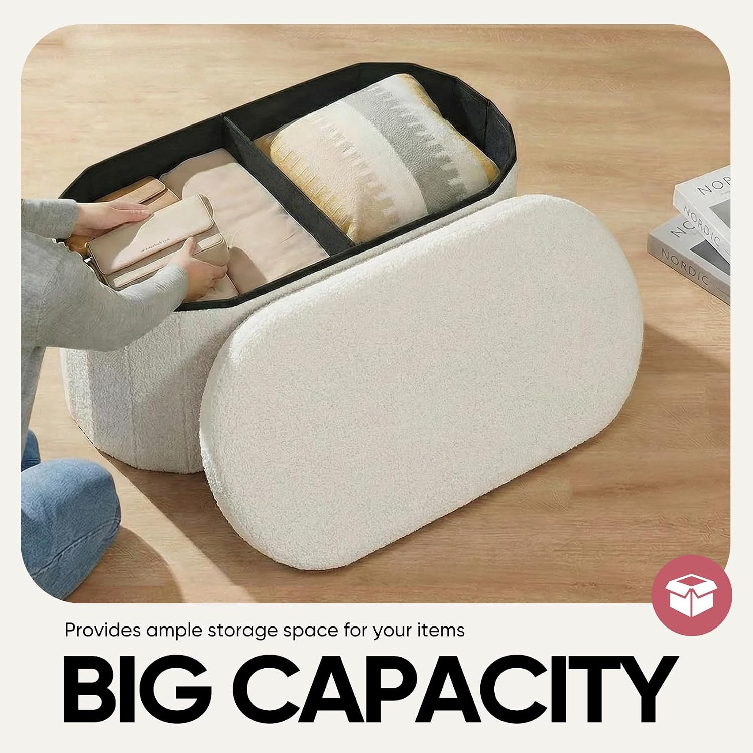 30 Inches Oval Ottoman with Storage, Boucle Sherpa Storage Ottoman Bench, Folding Foot Rest Chest for Bedroom Living Room