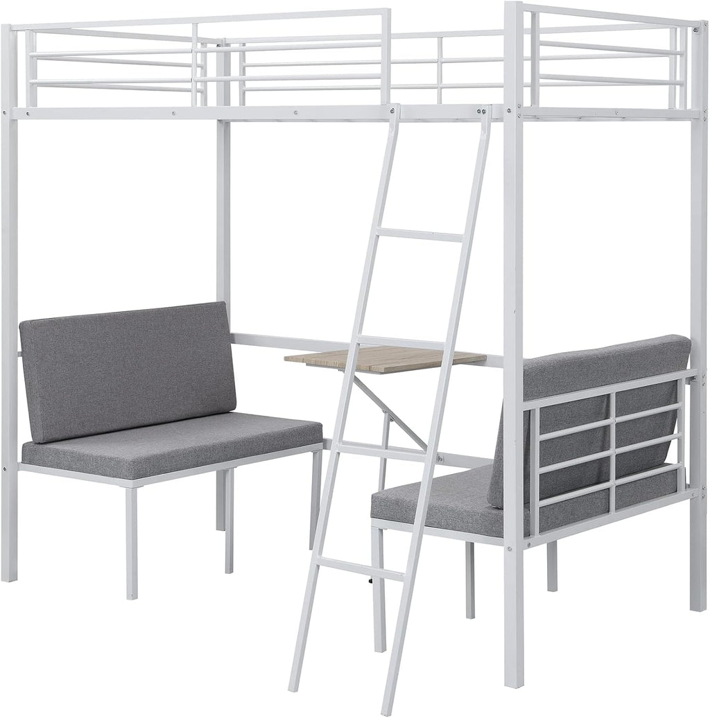 Twin Size Metal Loft Bed with Built-in Wooden Table and Upholstery Chairs Set for Kids Teens, Full Length Guardrails Inclined Ladder, Bedroom, Dorm, Space Saving (White-with Built-in Table)