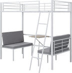 Twin Size Metal Loft Bed with Built-in Wooden Table and Upholstery Chairs Set for Kids Teens, Full Length Guardrails Inclined Ladder, Bedroom, Dorm, Space Saving (White-with Built-in Table)