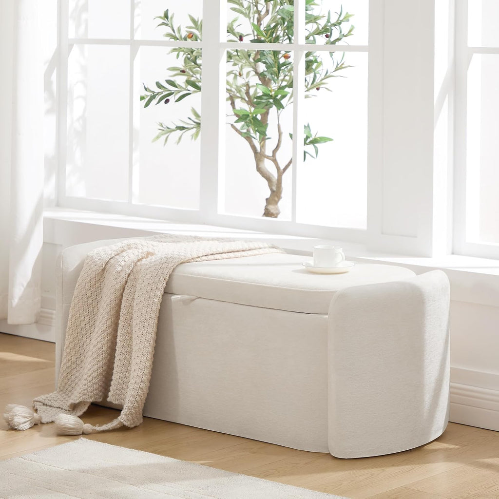 Oval Storage Ottoman Bench, 45" Upholstered Chenille End of Bed Bench Ottomans Bench, Storage Ottoman Foot Rest, Living Room and Hallway, Beige