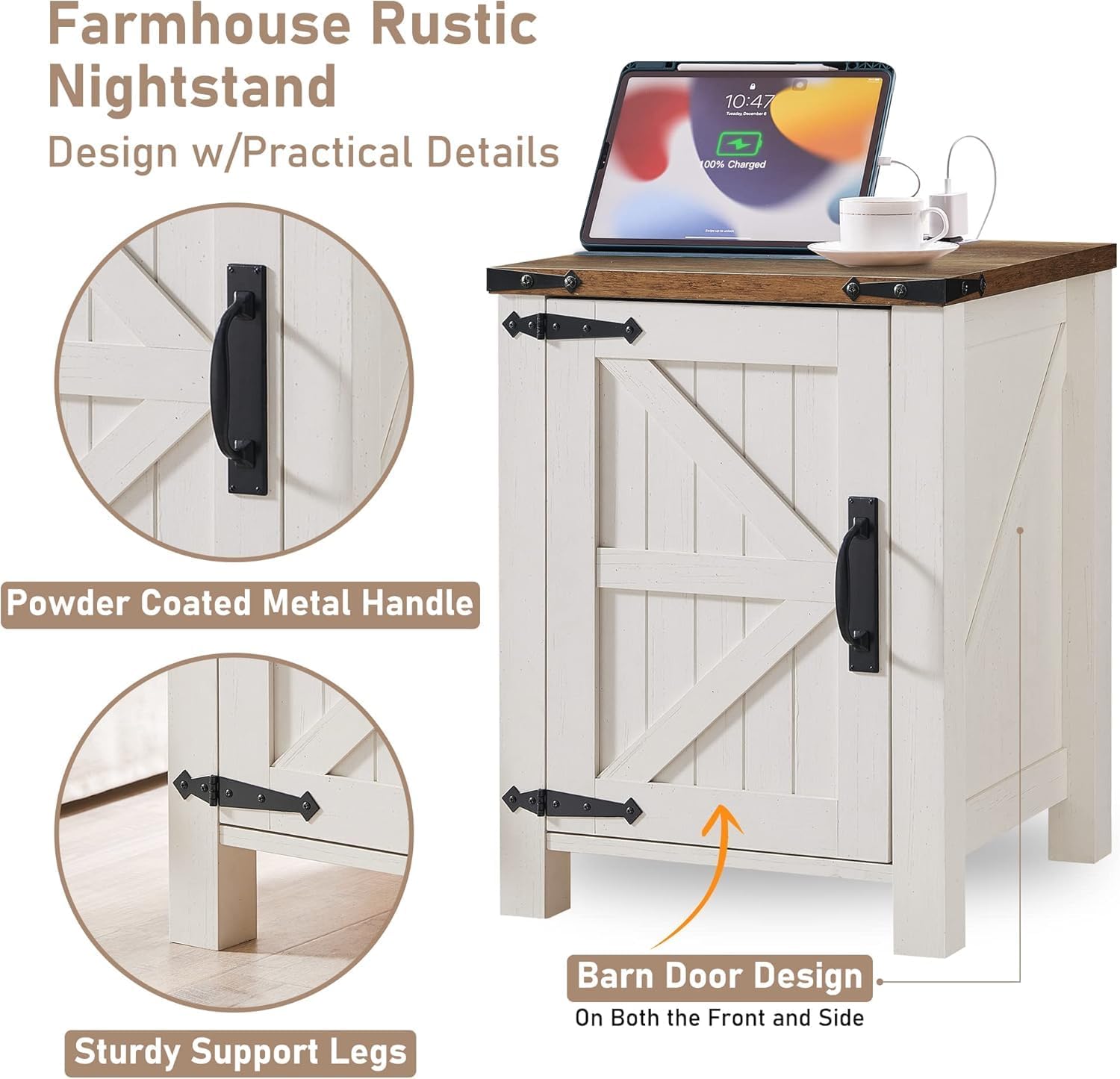 OKD Farmhouse Nightstand Set of 2 with Charging Station, 18 Inch Rustic End Table with Barn Door Cabinet, Adjustable Storage Shelf, Wood Sofa Side Table for Living Room, Bedroom, Antique White