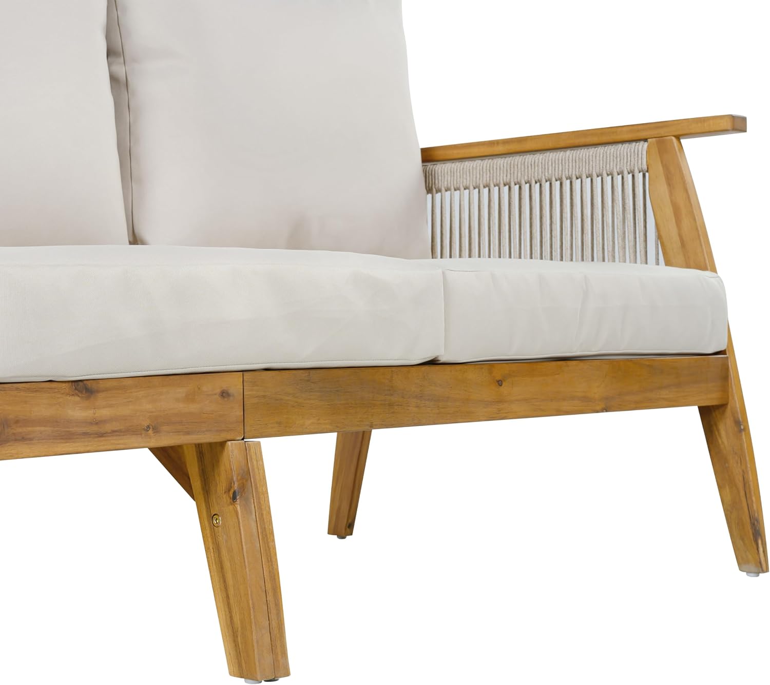 Christopher Knight Home Outdoor 3 Seater Patio Sofa with Acacia Wood Frame and Rope Weave Design, Cushioned Garden Couch with Removable Covers for Patio Deck Balcony, Teak and Beige