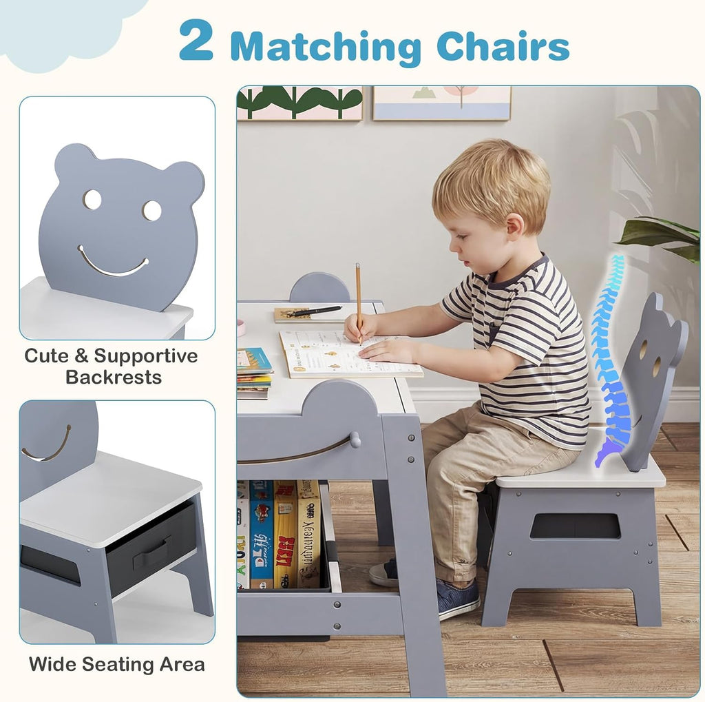 Children's Table with 2 Bear Chairs, 5-in-1 Painting Table with Reversible Board & Whiteboard, Children's Seating Set with Storage Space, 4 Hooks & Fabric Containers for Children 3-10 Years