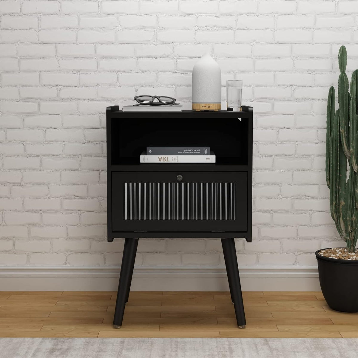 Mid Century Modern Nightstand, Bedside Table with Glass Door, Black | Side Table End Table with Solid Wood Legs for Bedroom, Living Room and Small Spaces