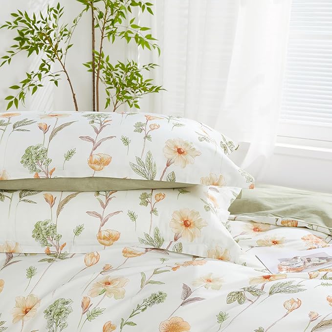 SAPHREAS Floral Duvet Cover Set Full Size 3pcs Yellow Flower Green Botanical Bedding Comforter Cover Set 100% Cotton 1 Duvet Cover 90"x80" 2 Pillow Shams, Comforter Not Included