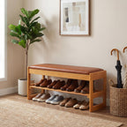 Giantex Shoe Rack Bench with Storage, Rubberwood Entryway Bench with Faux Leather Seat Cushion, Flip-Open Storage, 2-Tier Modern Shoe Rack Organizer for Entryway, Living Room, Bedroom (Brown)