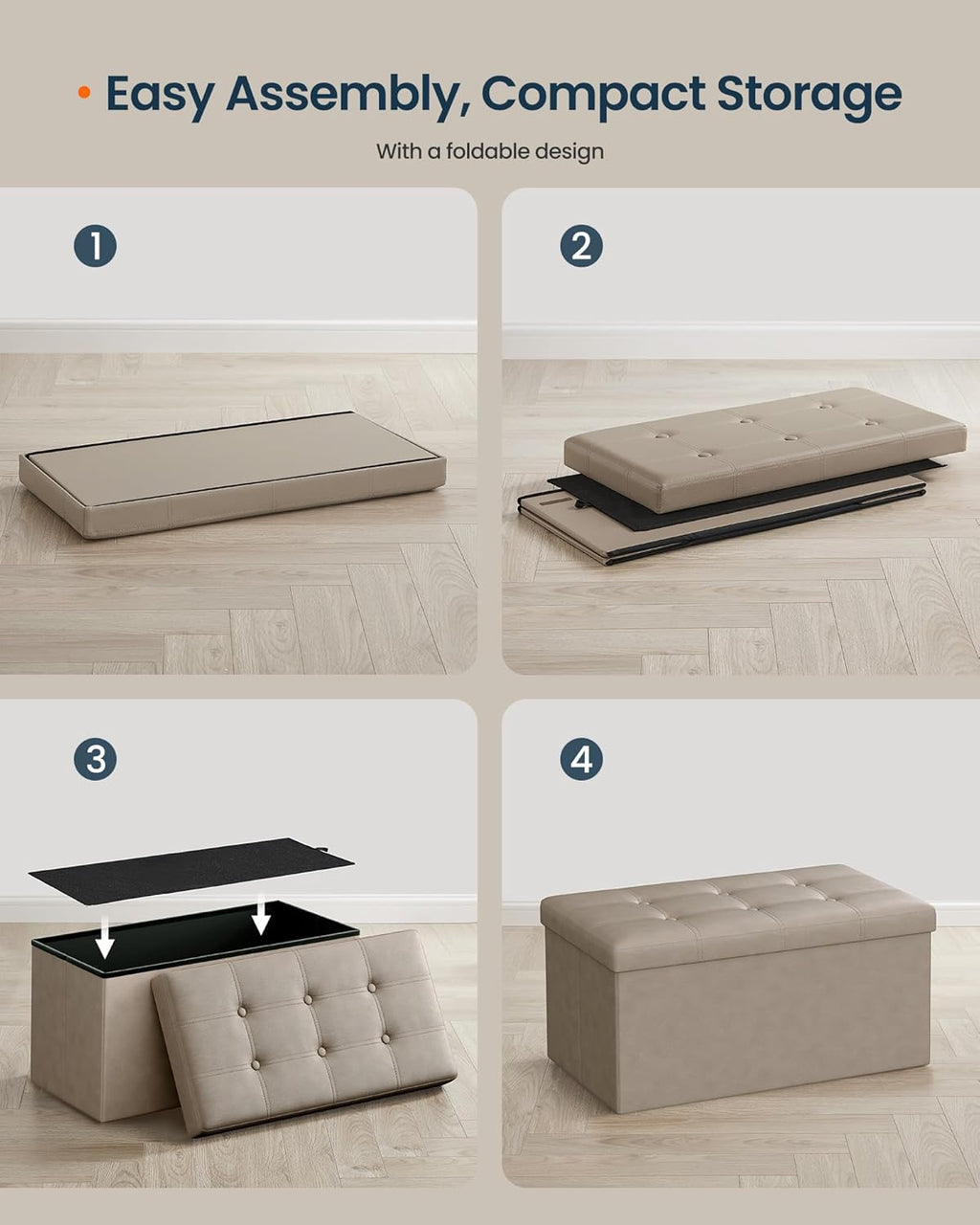 SONGMICS Home Storage Ottoman, Removable Lid, Foldable Foot Stool, PU Leather, for Entryway, Living Room, Bedroom, 15.2 x 30.2 x 15.2 Inches, Khaki