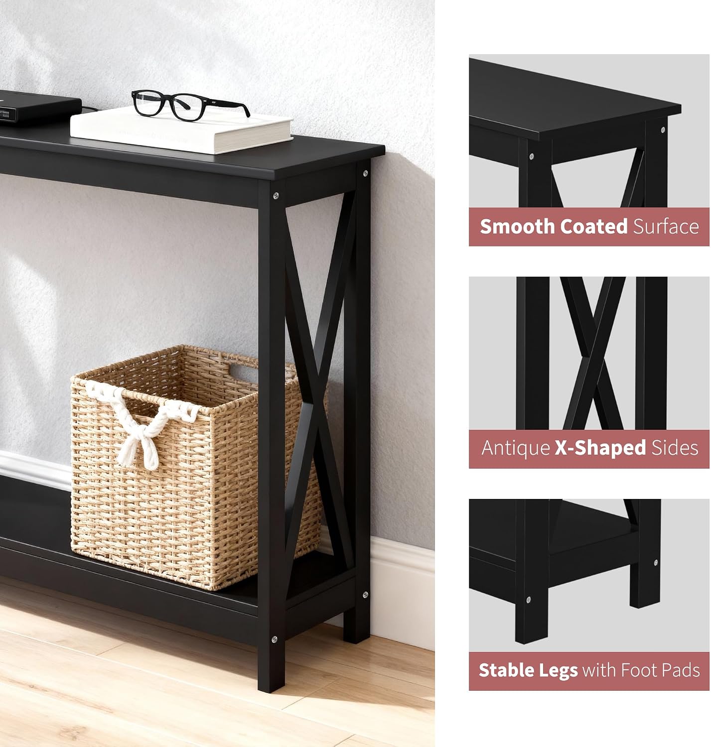 SUPER DEAL Console Table 47”, 2-Tier Narrow Sofa Side Table with Storage Shelf, Entrance Table for Hallway/Foyer/Living Room/Corridor/Office, Black