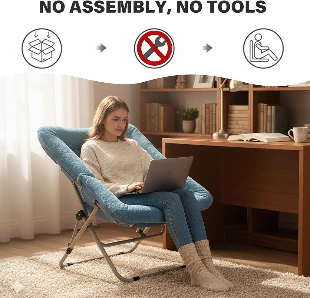 Tiita Comfy Saucer Chair, Soft Faux Fur Oversized Folding Accent Chair, Lazy Chair for Teens Adults, Metal Frame Moon Chair for Bedroom, Living Room, Dorm Rooms, X-Large, Blue