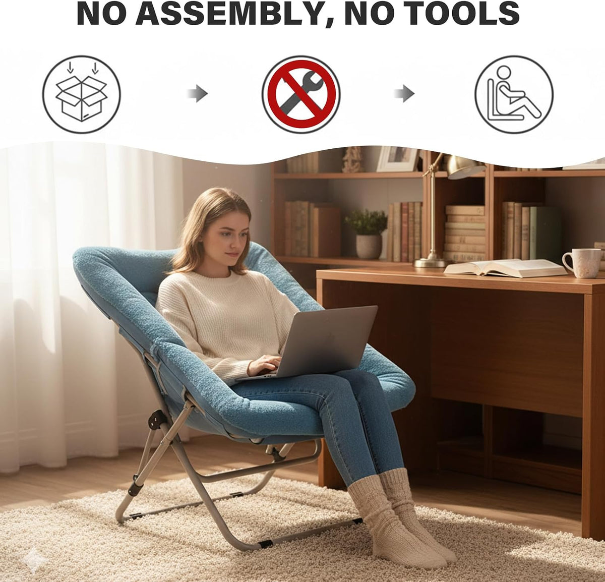 Tiita Comfy Saucer Chair, Soft Faux Fur Oversized Folding Accent Chair, Lazy Chair for Teens Adults, Metal Frame Moon Chair for Bedroom, Living Room, Dorm Rooms, X-Large, Blue
